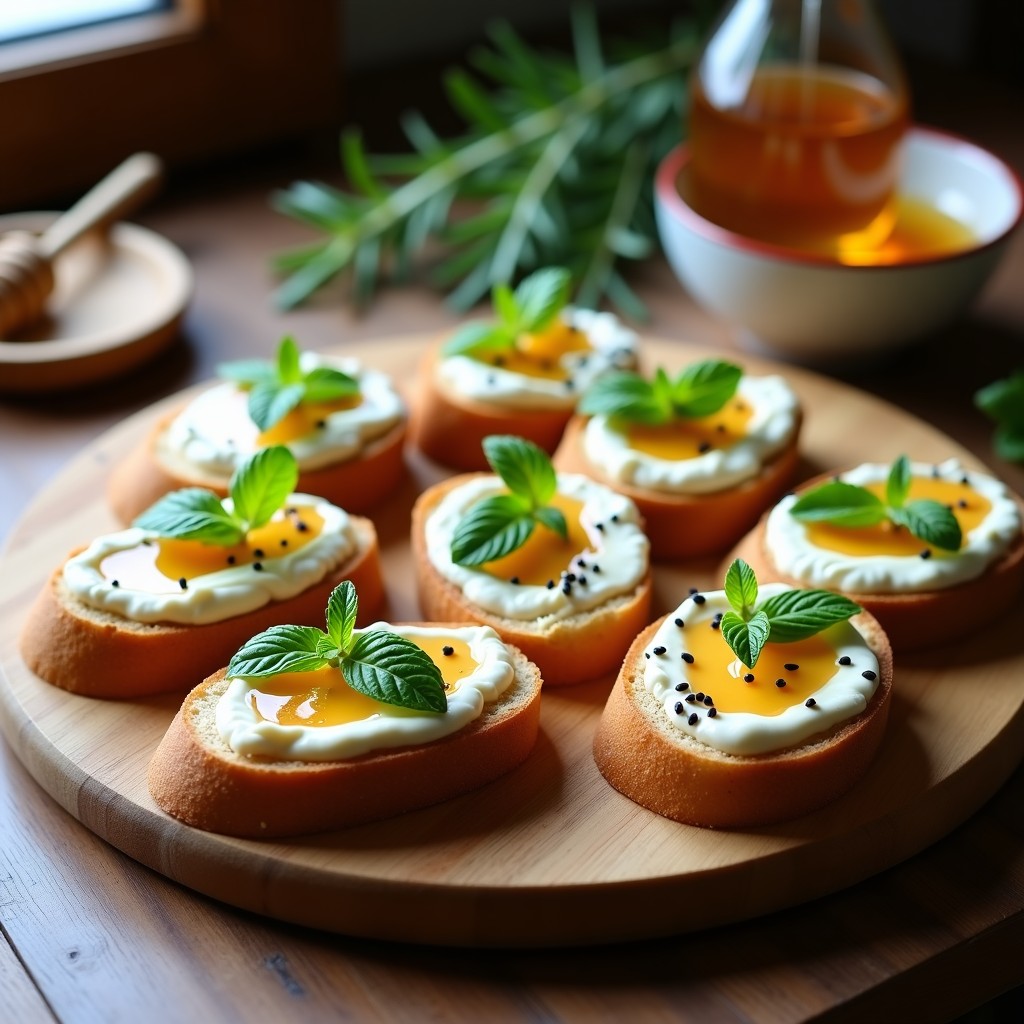 Crostini de pan de espelta dorado con una capa cremosa de ricotta de almendras, decorado con miel de dátil brillante, semillas de sésamo negro y hojas de menta fresca, sobre una tabla de madera rústica con romero al fondo.