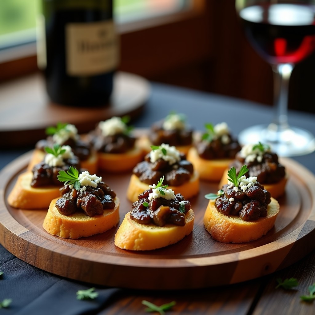 Crostini de pan de maíz dorado con salsa de hongos portobello y trufa negra, decorados con queso pecorino rallado y perejil fresco, servidos en bandeja de madera rústica. Aperitivo italiano sin gluten elegante.