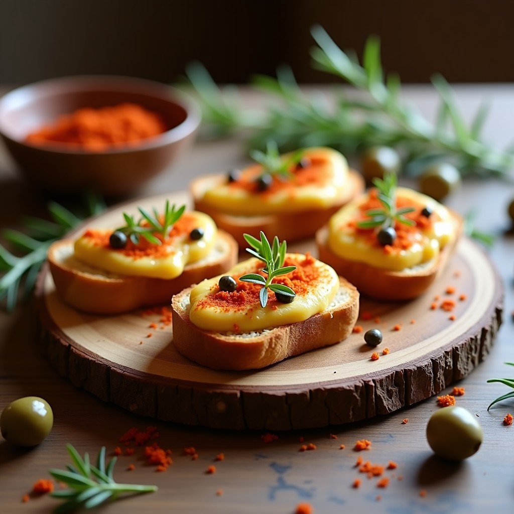 Crostini de pan de piparra dorado con una generosa capa de brandada de bacalao cremosa, espolvoreados con almendras fileteadas y perejil fresco, dispuestos en una bandeja de madera rústica. Aperitivo español gourmet con pimentón de la Vera.