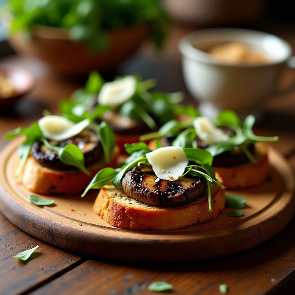 Crostinis dorados de pan de ajo en airfryer con láminas de hongos portobello jugosos, rúcula fresca, queso pecorino rallado y piñones tostados, servidos en una tabla de madera rústica con un chorrito de vinagre balsámico.