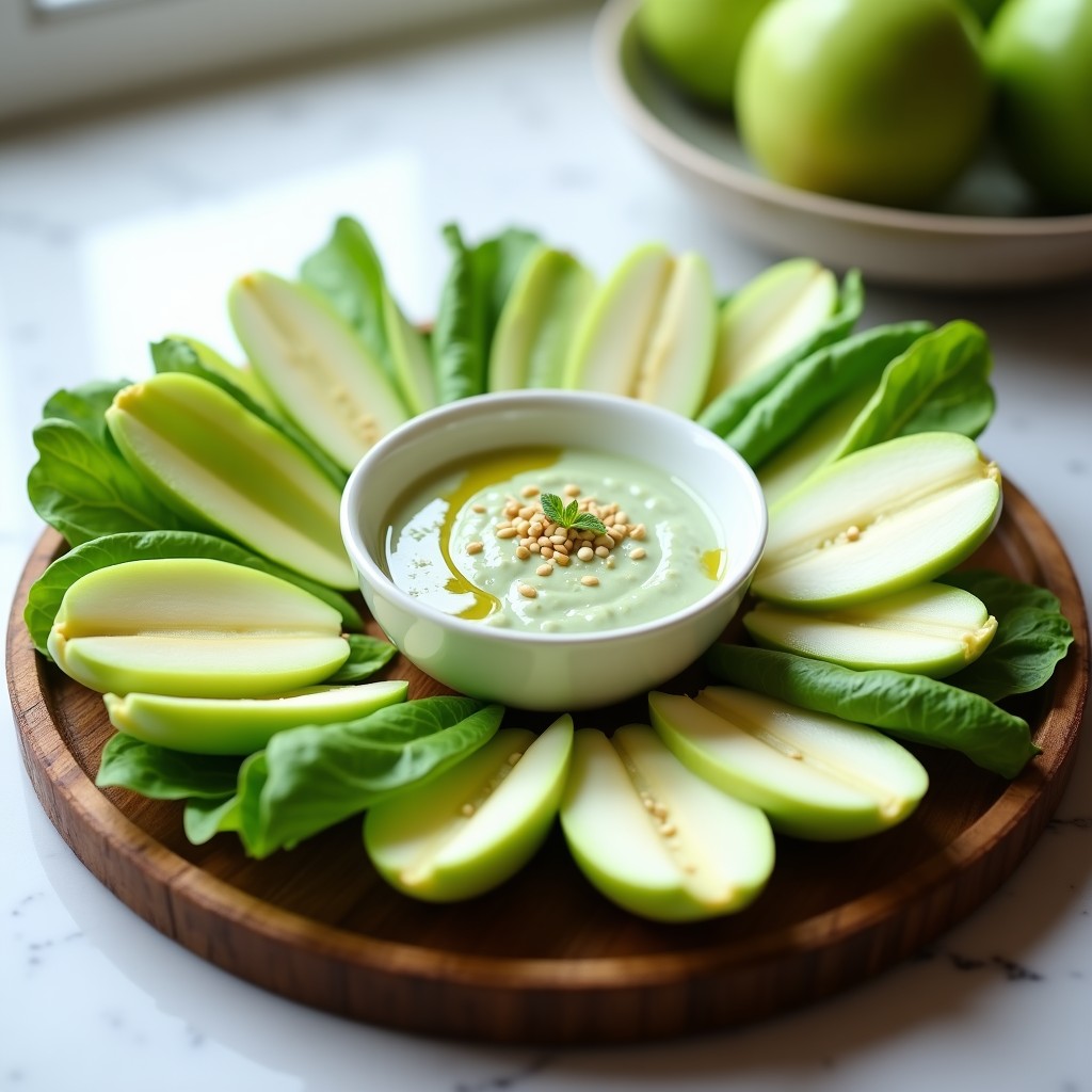 Fuente rectangular de madera con crudités de endibia y bastones de manzana verde, acompañados de un dip cremoso de yogur griego y rúcula en un bol pequeño. Semillas de sésamo espolvoreadas sobre los vegetales. Aperitivo keto fresco y colorido.