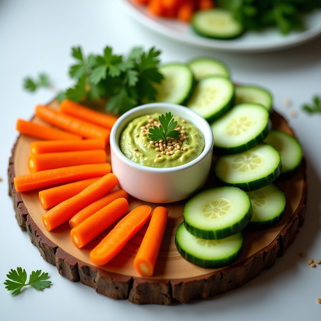Tabla de madera rústica con crudités de zanahoria y pepino en bastones, acompañados de un dip cremoso de aguacate y cilantro en bol pequeño, espolvoreado con semillas de sésamo y pimentón ahumado. Entrante vegano y crudivegano fresco y colorido.