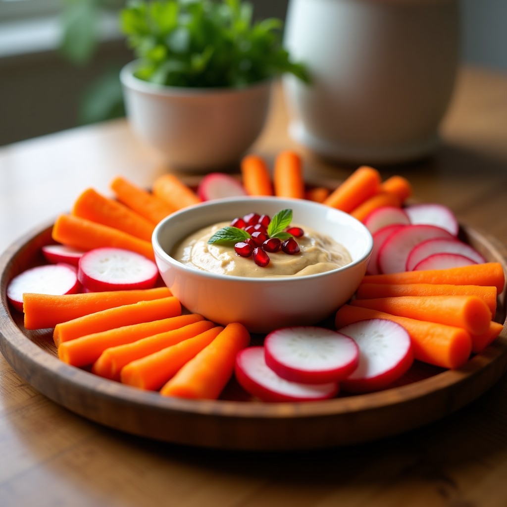 Tabla de madera rústica con crudités de zanahoria morada y rábanos franceses en bastones y rodajas, acompañados de un dip cremoso de tahini con semillas de granada y hojas de menta fresca. Aperitivo crudivegano colorido y fresco.