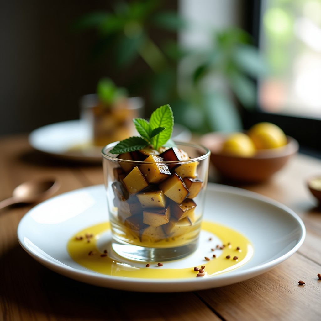 Copa de cristal transparente con crudo de berenjena ahumada en cubos, decorado con hojas de menta fresca y semillas de sésamo tostado, sobre fondo rústico de madera.