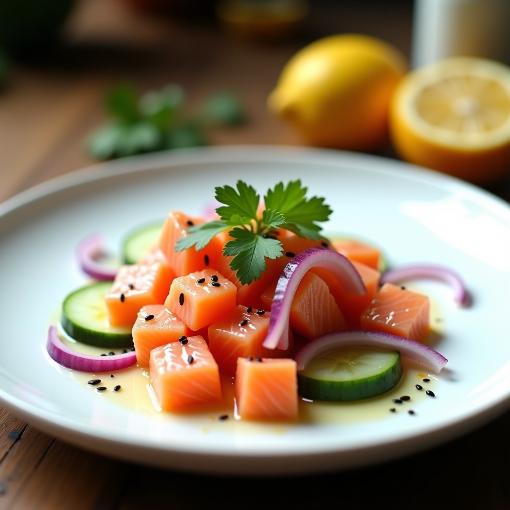 Plato de crudo de salmón con dados rosados de pescado, encurtidos de pepino y cebolla morada, decorado con semillas de sésamo negro y cilantro fresco, bañado en marinada cítrica.