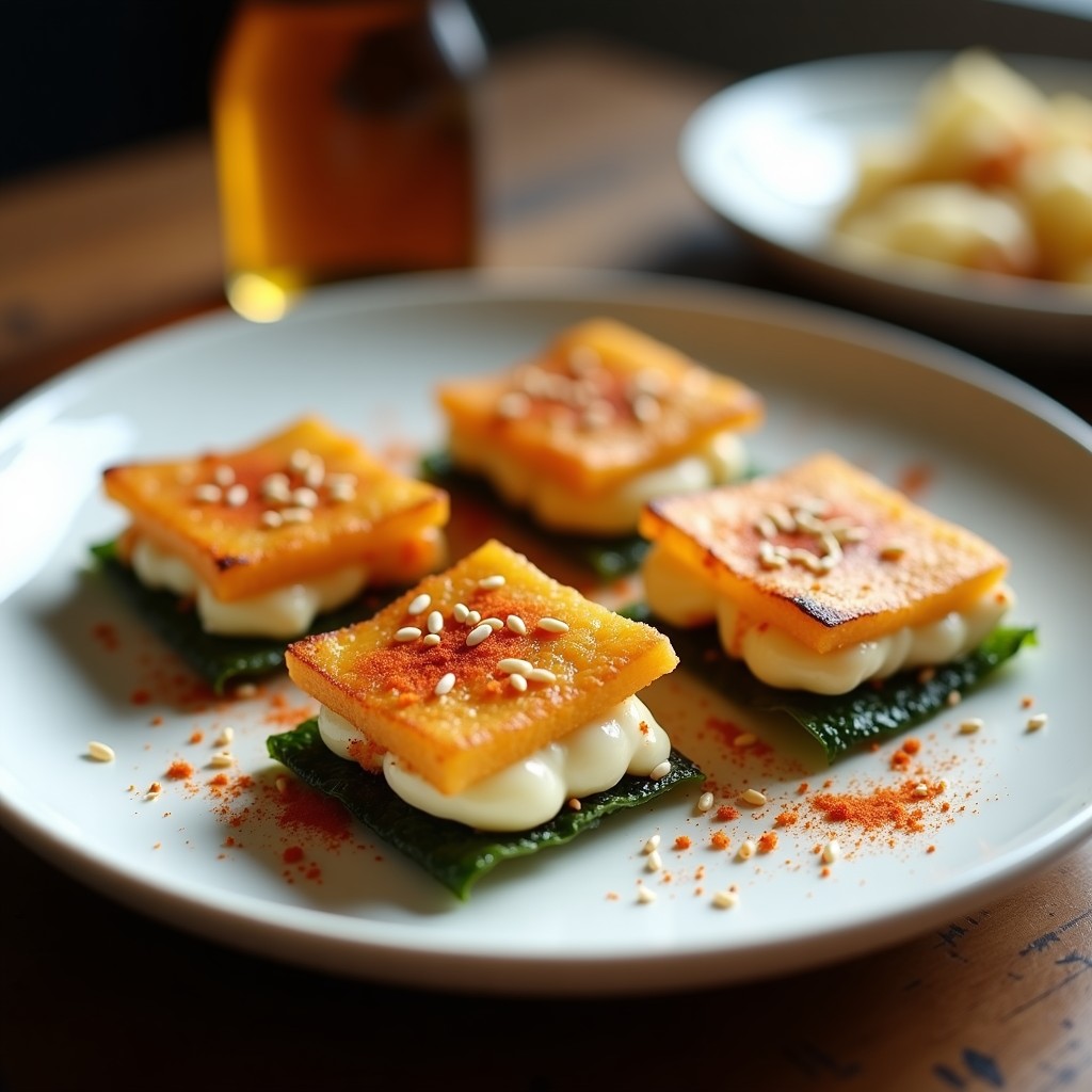 Crujientes dorados de algas nori rellenos de queso feta derretido, espolvoreados con semillas de sésamo y pimentón ahumado, servidos en un plato blanco sobre fondo rústico.