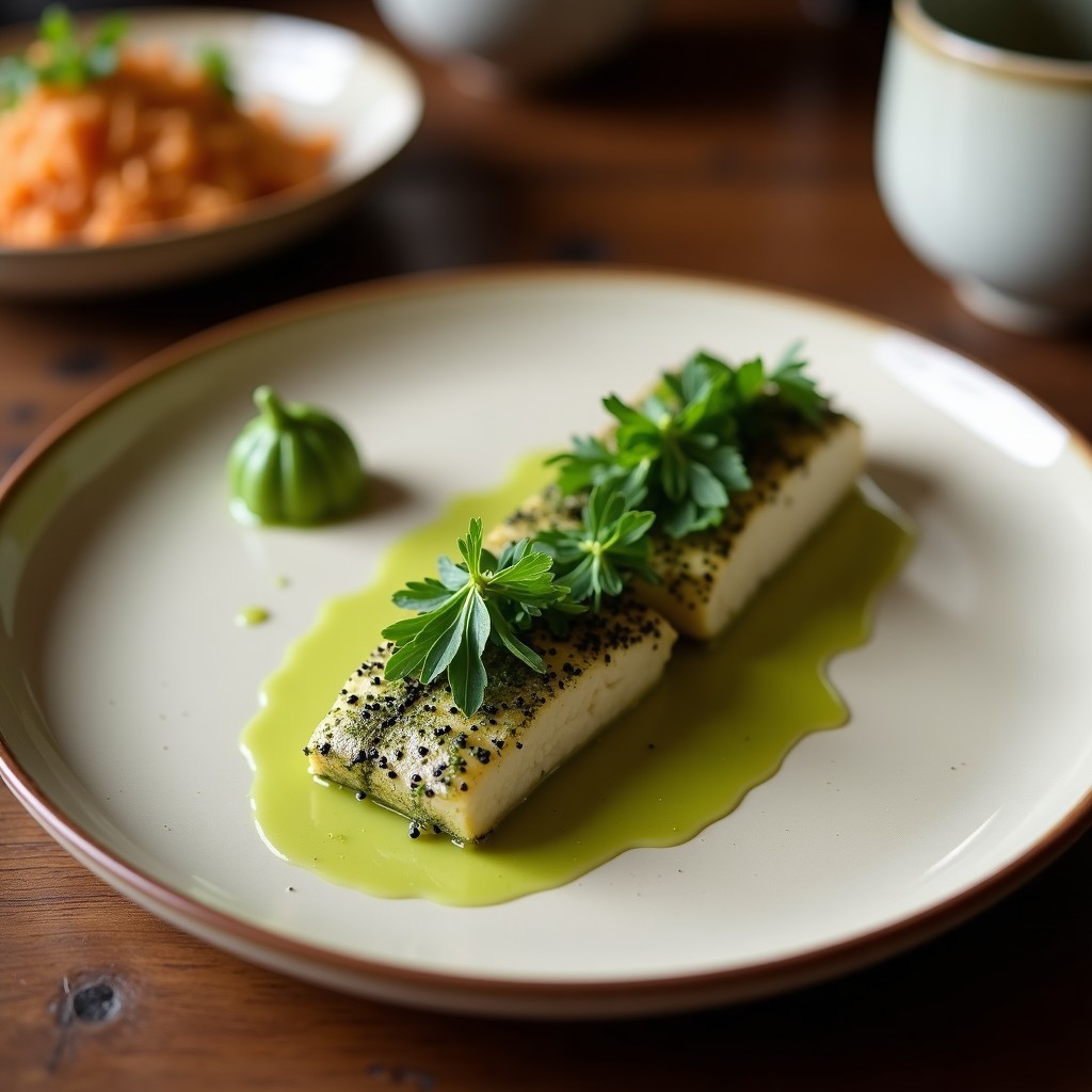 Crujientes dorados de algas nori y semillas de sésamo blanco y negro, servidos en plato de madera con dip cremoso de wasabi y cebollino picado, snack japonés vegano crujiente.