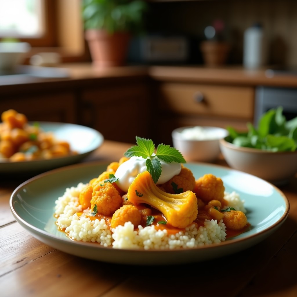 Crujientes de coliflor dorados al curry en airfryer, servidos en plato blanco con anacardos picados y cilantro fresco, acompañados de yogur de coco cremoso. Receta india baja en calorías.