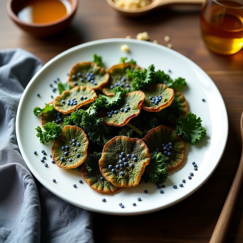 Crujientes de kale dorados y brillantes en un plato blanco rústico, espolvoreados con semillas de amapola y un hilo de miel. Textura crujiente y color verde intenso con toques caramelizados. Aperitivo saludable en airfryer.