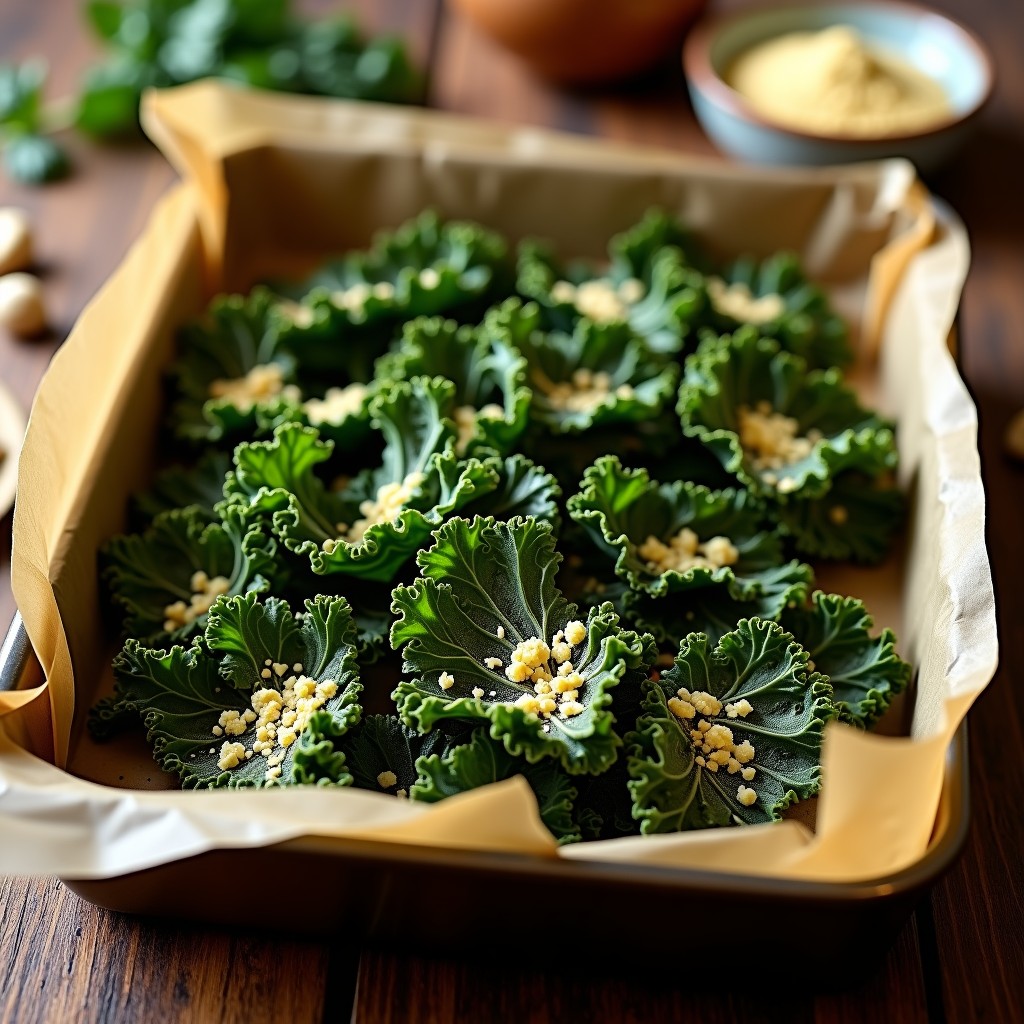 Bandeja de horno con crujientes de kale dorados y esponjosos, espolvoreados con polvo de parmesano vegano beige y semillas de sésamo. Snack alto en calcio y sin lactosa, con textura ultra crujiente.