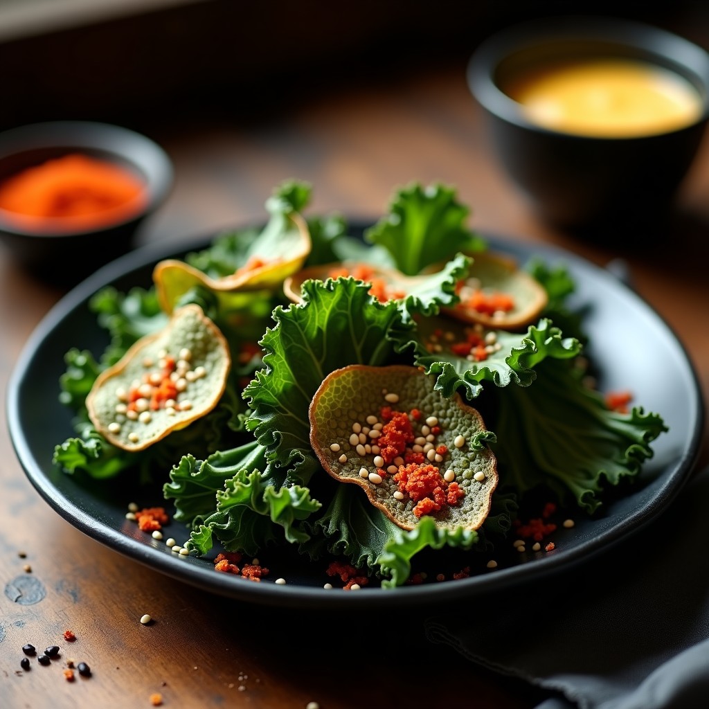 Crujientes de kale dorados y ondulados con semillas de sésamo blancas y negras esparcidas, brillantes por el glaseado de gochujang, servidos en un plato de cerámica negra sobre fondo de madera oscura. Receta coreana de snack en airfryer.