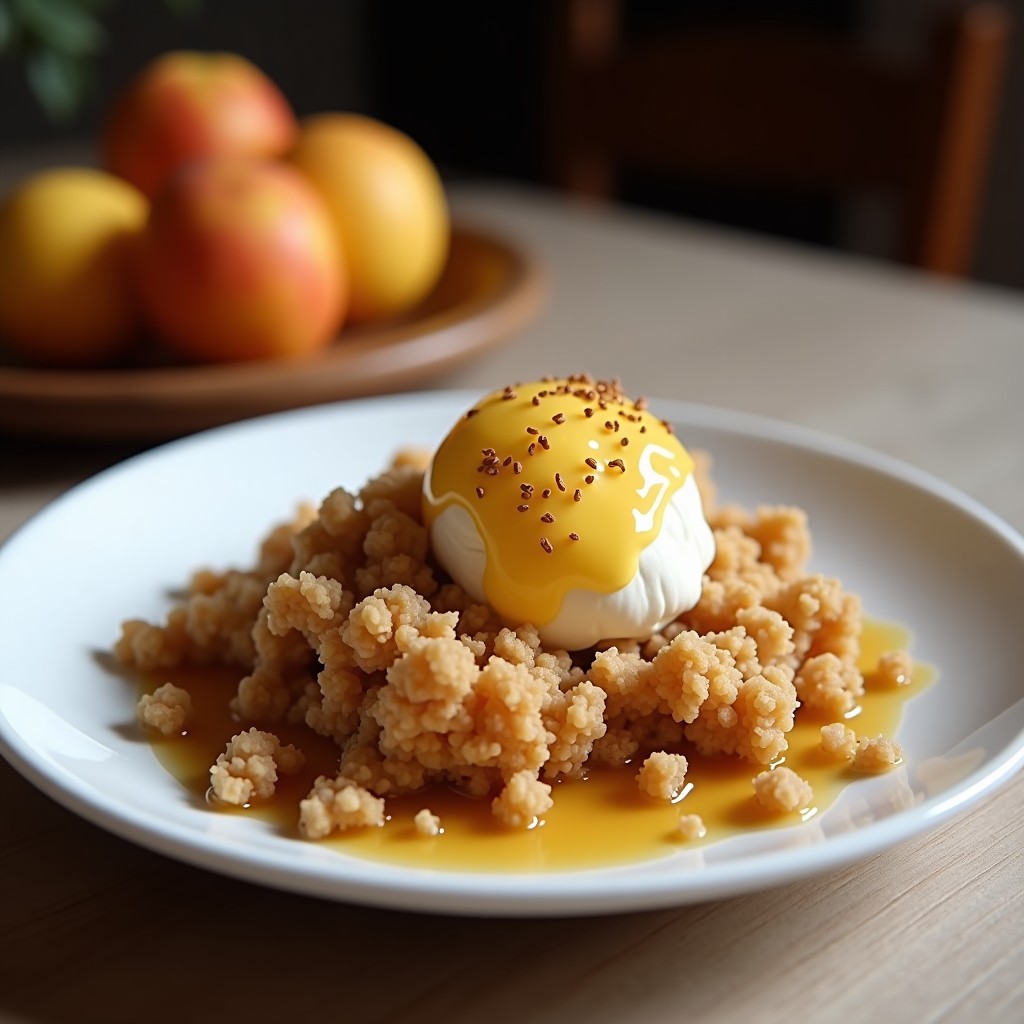 Crumble vegano sin harina en molde de cerámica, con manzanas caramelizadas cubiertas de una capa dorada y crujiente de avena, almendras y nueces pecanas. Acompañado de una cuchara de madera y un poco de crema de coco al lado.