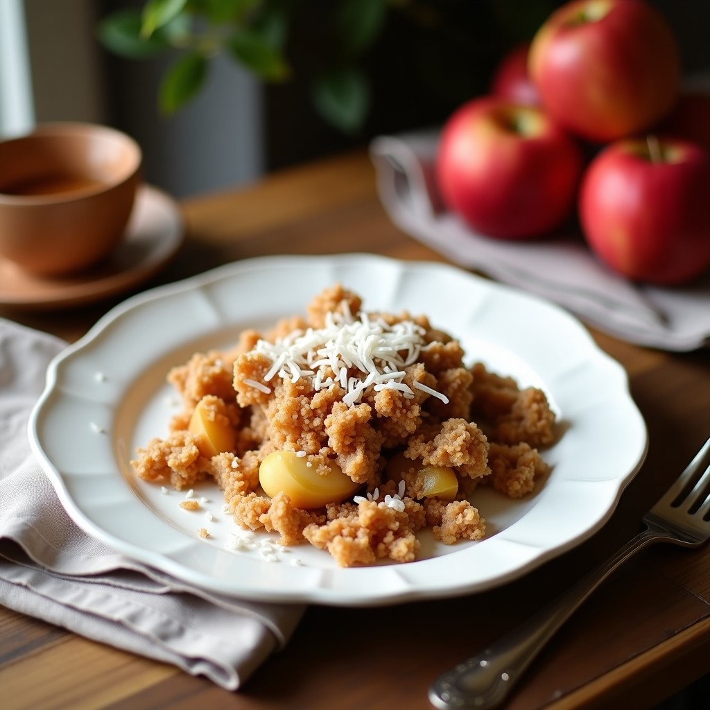 Crumble de manzana y canela horneado en fuente de cerámica, con topping dorado de nuevo de coco tostado y trozos de manzana asomando. Postre vegano y sin azúcar servido con una cuchara de madera.