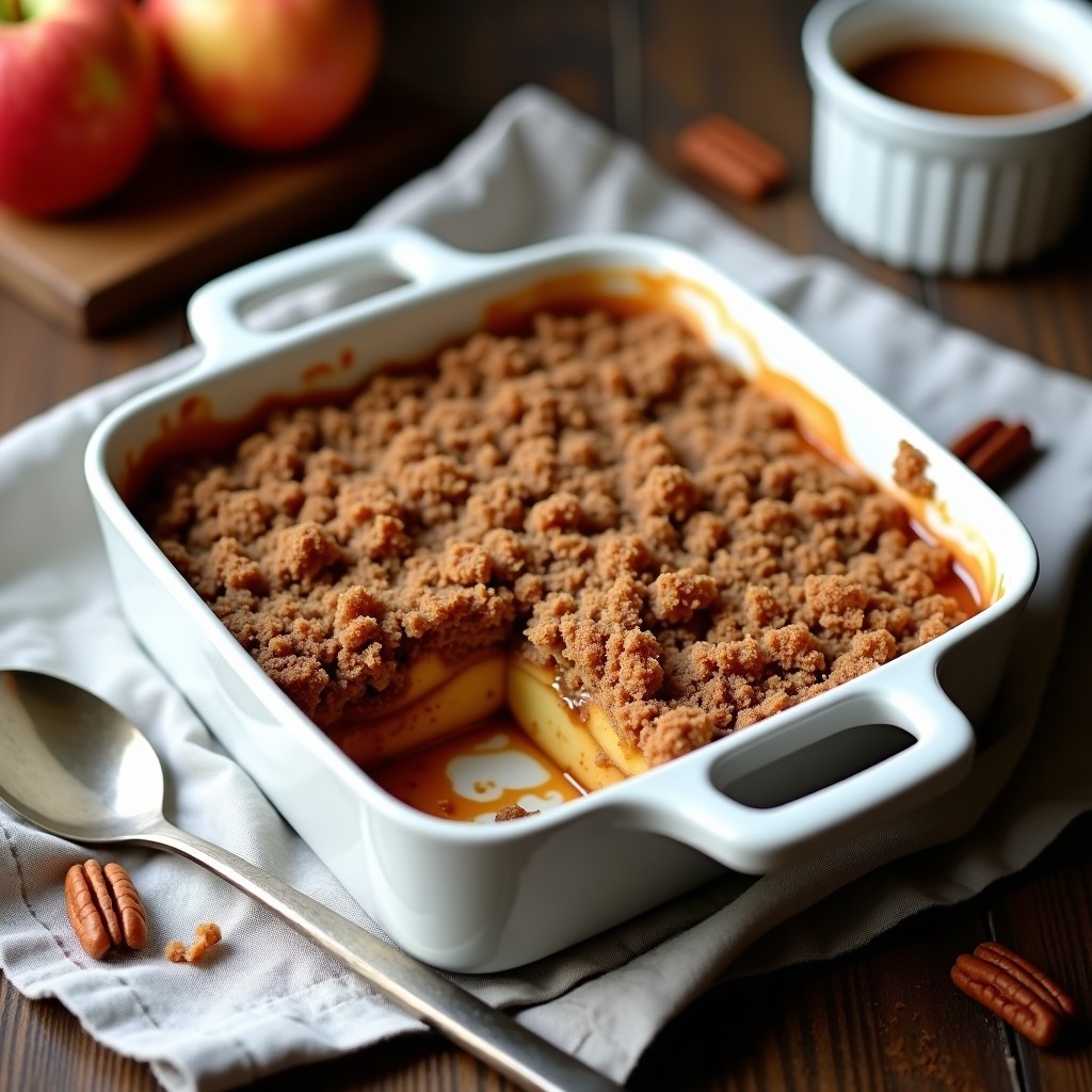 Crumble de manzana y canela keto en molde cuadrado, con topping dorado de nueces y almendras, servido en plato blanco con cuchara de madera. Postre sin harina y bajo en carbohidratos.