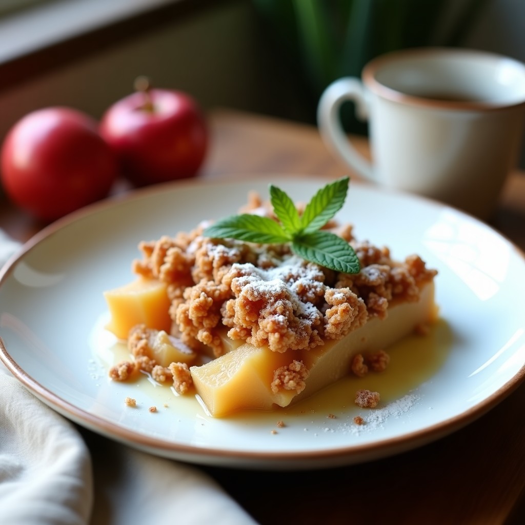 Crumble de manzana y cardamomo con topping dorado de avellanas en un molde de cerámica blanco, servido con una cuchara de madera y decorado con avellanas enteras tostadas. Postre sin azúcar y sin gluten con textura crujiente y aroma especiado.