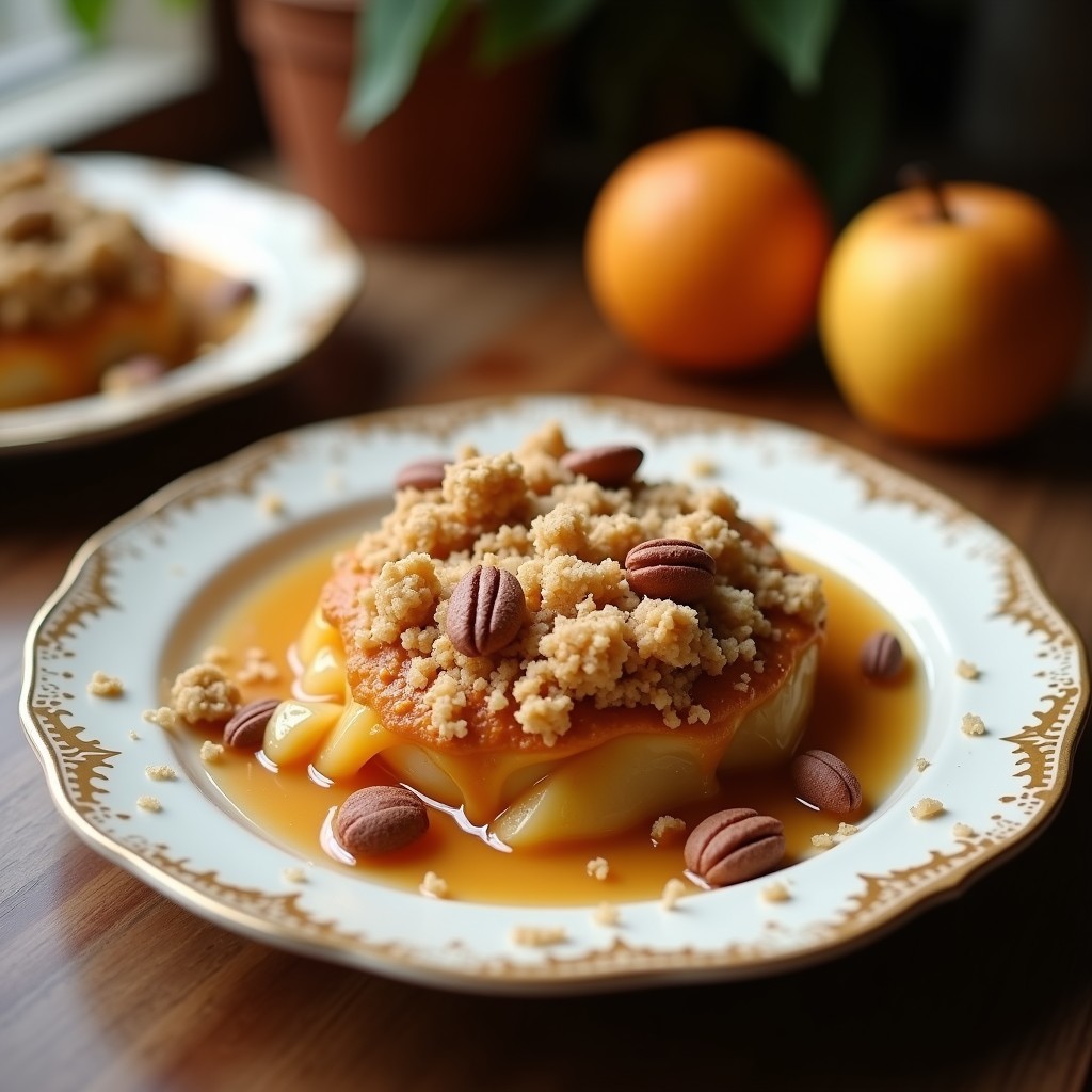 Crumble de manzana y nueces con topping de avena dorado, servido en un plato blanco con fondo rústico. Postre sin azúcar y alto en fibra.