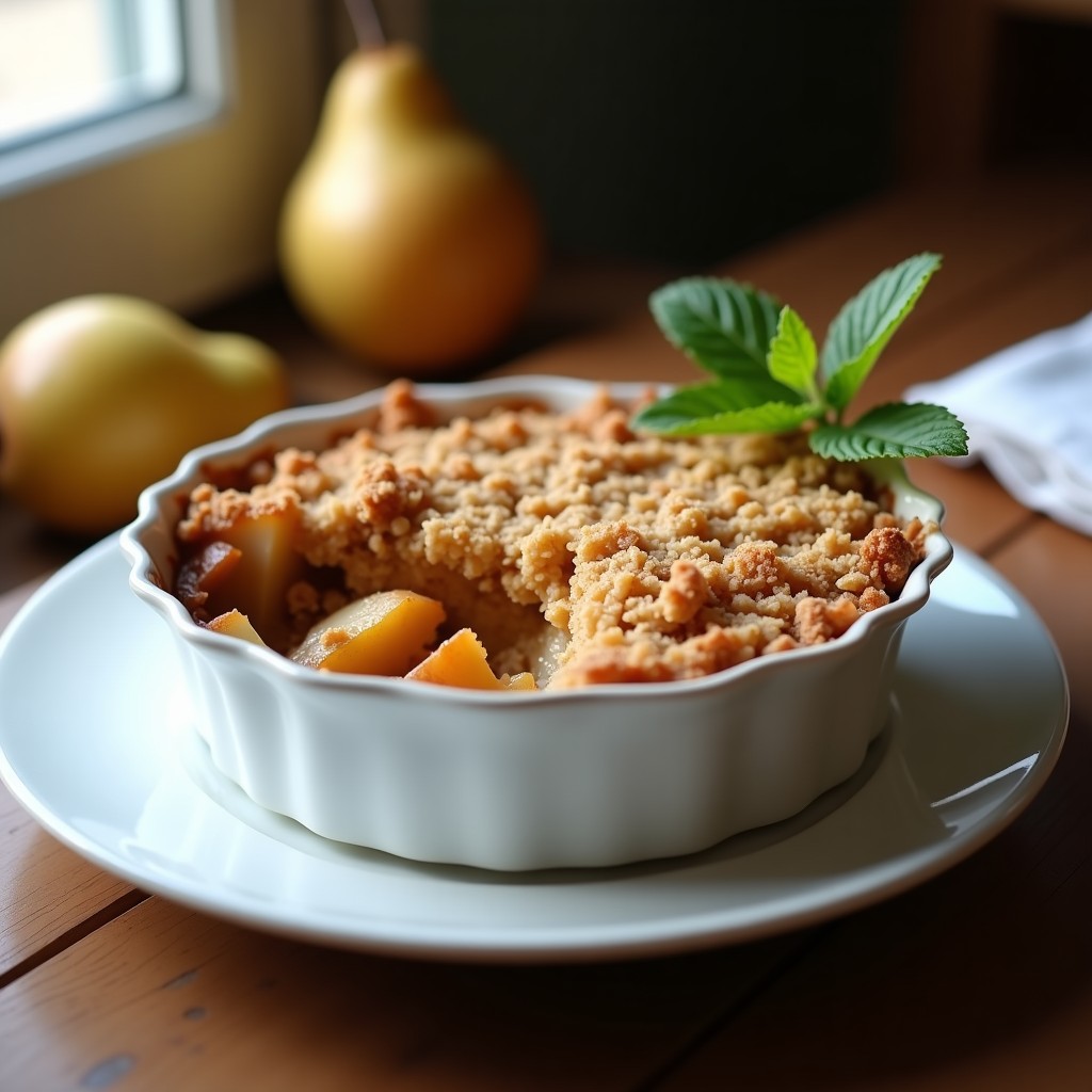 Crumble francés sin gluten en molde rectangular, con topping dorado de avena y canela, servido con frutas de manzana y pera caramelizadas en el fondo. Postre saludable y crujiente.