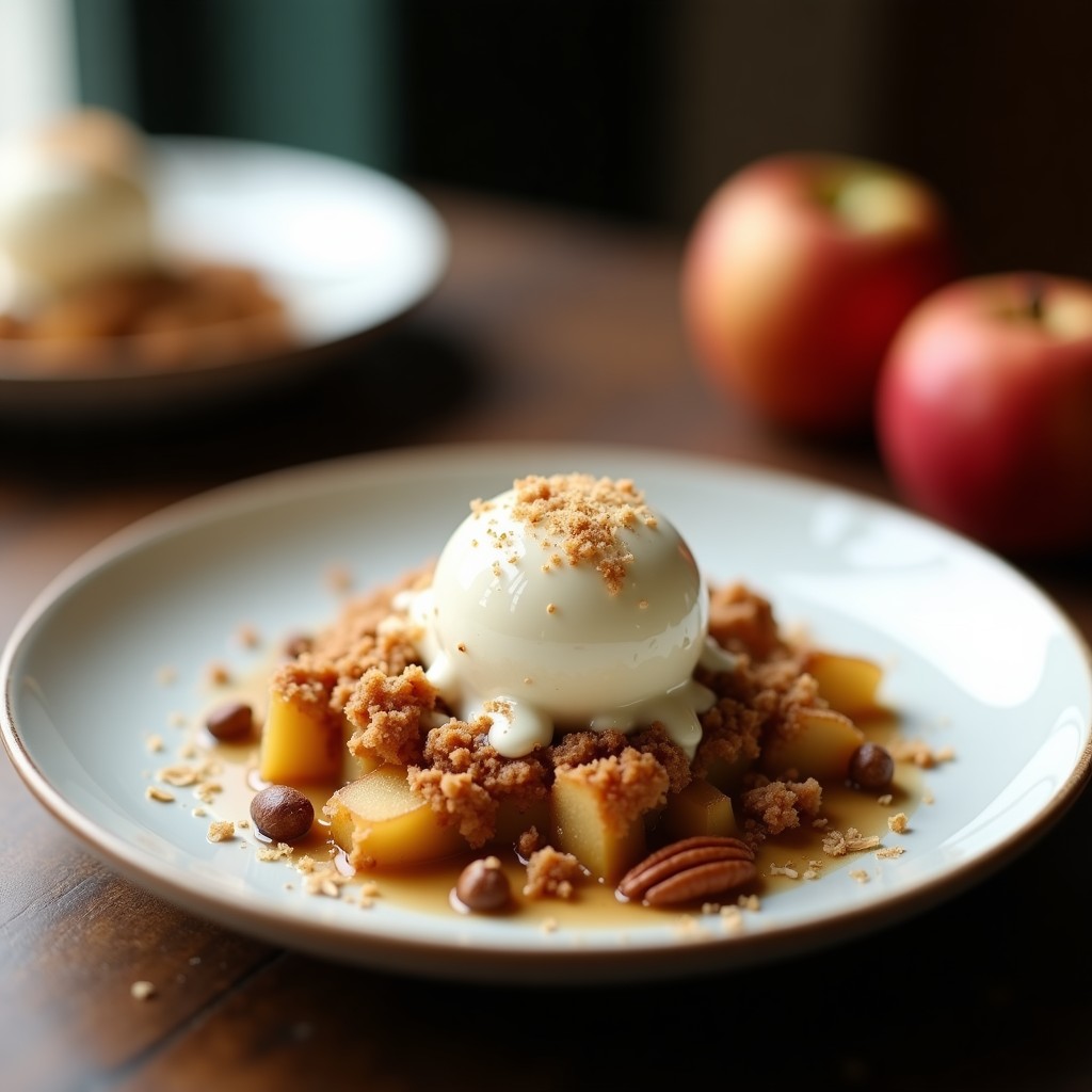 Crumble francés keto de manzana Granny Smith y topinambur en molde de cerámica, con topping dorado de almendra y semillas de calabaza, servido con helado de yogur griego cremoso y espolvoreado con canela.