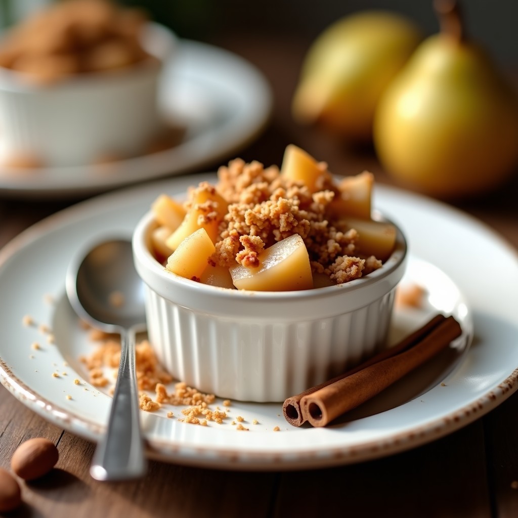 Crumble de peras y canela con base de avena en molde individual, dorado y crujiente por encima, con trozos de pera asomando. Servido en plato blanco rústico con cuchara de madera, fondo de cocina cálido y canela espolvoreada.