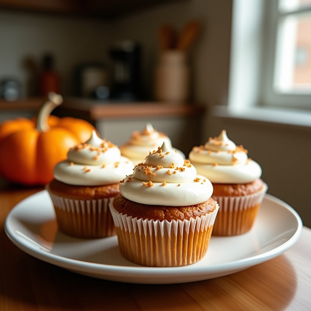 Cupcakes veganos de calabaza y especias con frosting de coco cremoso, decorados con coco rallado, sobre una bandeja de madera rústica con hojas de otoño al fondo.