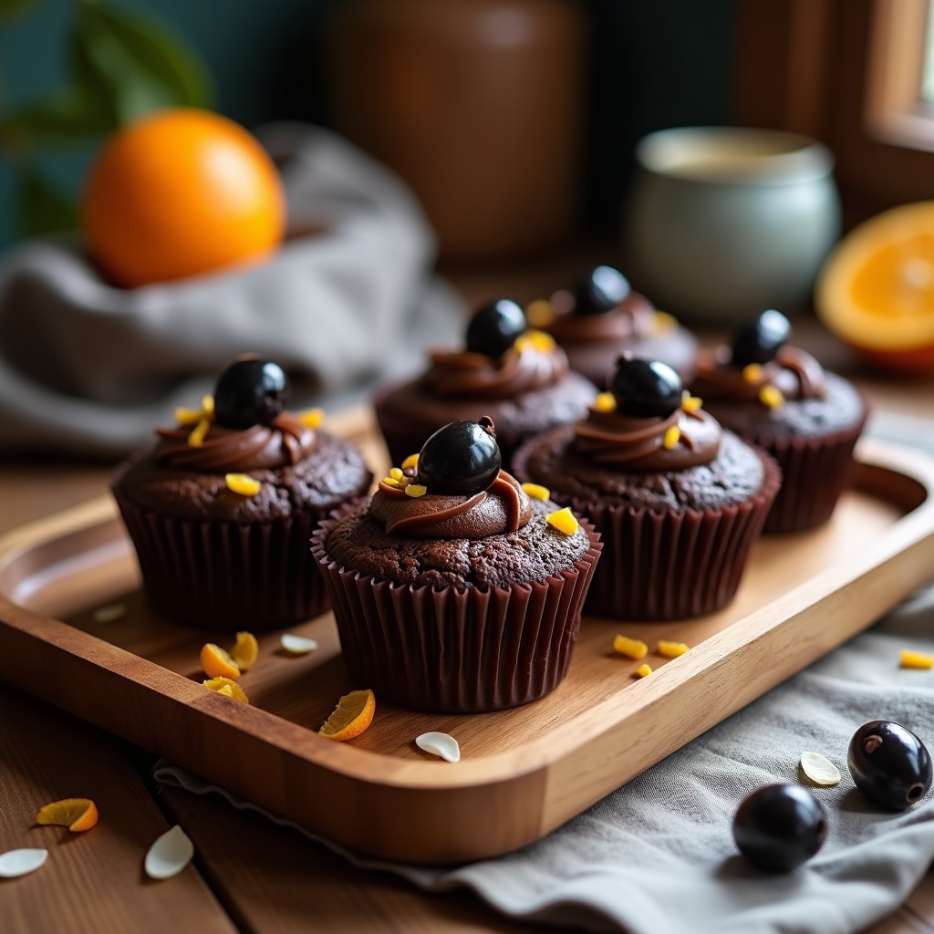 Cupcakes keto de chocolate negro con trocitos de aceitunas negras y ralladura de naranja, servidos en cápsulas de papel sobre una bandeja de madera rústica. Postre salado-dulce bajo en carbohidratos con textura esponjosa.