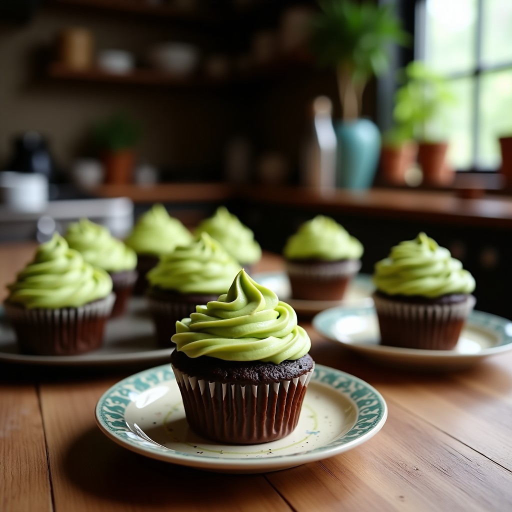 Cupcakes de chocolate oscuros con frosting cremoso verde de aguacate, decorados con semillas de chía y virutas de cacao, sobre un plato de madera rústico. Postre sostenible y keto con harina de insectos.