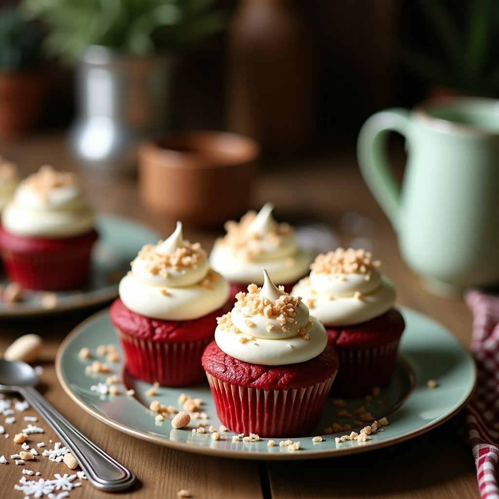 Cupcakes veganos de matcha y red velvet en airfryer con frosting de coco esponjoso, decorados con virutas de coco tostado y espolvoreados con matcha en polvo.