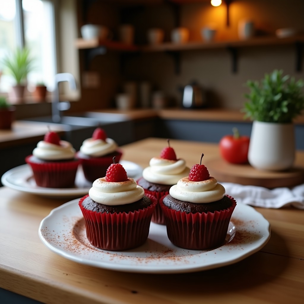 Cupcakes de remolacha y chocolate negro sin azúcar, con textura esponjosa y color intenso, decorados con nueces picadas y virutas de cacao, sobre un plato de cerámica blanca con fondo rústico.