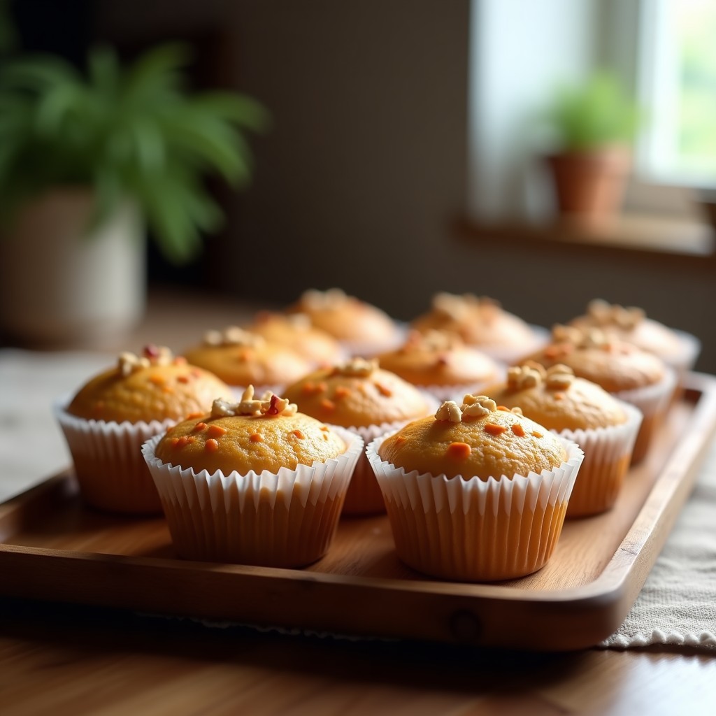 Cupcakes de zanahoria proteicos horneados, dorados y esponjosos, con trocitos de nuez visibles, servidos en cápsulas de papel sobre una bandeja rústica de madera.