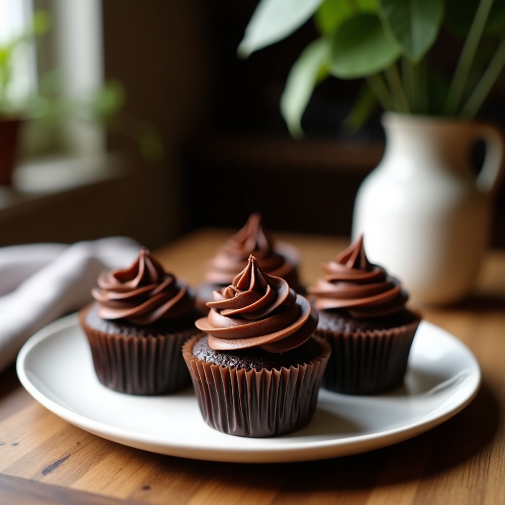 Cupcakes de zucchini y chocolate negro keto sobre una bandeja de madera rústica, decorados con chocolate derretido brillante y nueces pecanas picadas. Textura esponjosa y humedad perfecta, con un fondo borroso de ingredientes como cacao y harina de coco.
