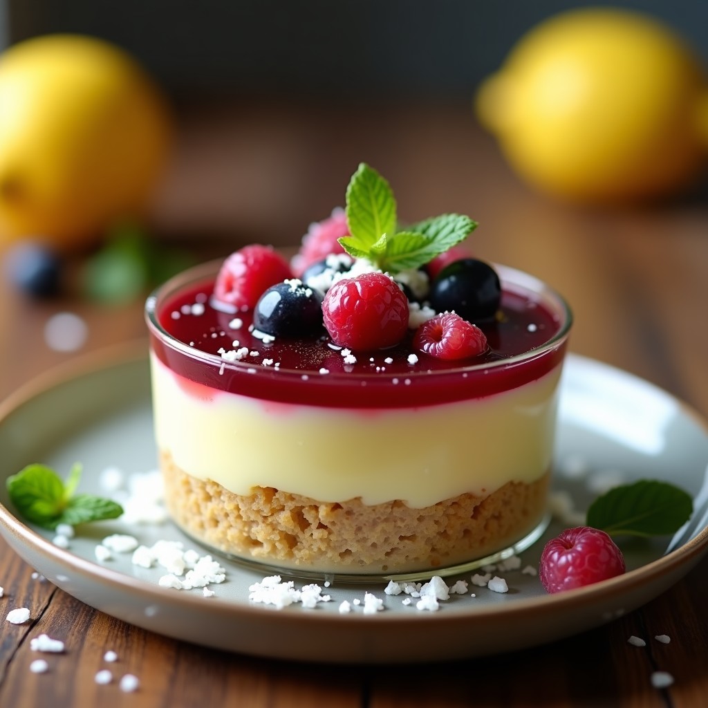Postre vegano en molde transparente con capas visibles: base dorada de anacardos, curd de limón amarillo pálido y cobertura de frutos rojos rojos y morados. Decorado con coco rallado y hojas de menta.