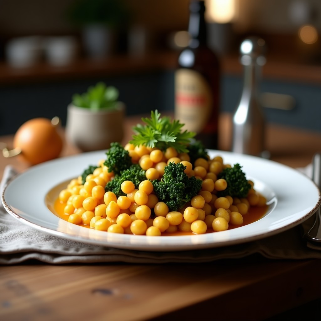 Bandeja de horno con curry de garbanzos dorados y kale crujiente, especias visibles y salsa cremosa de leche de coco, receta vegana alta en hierro.