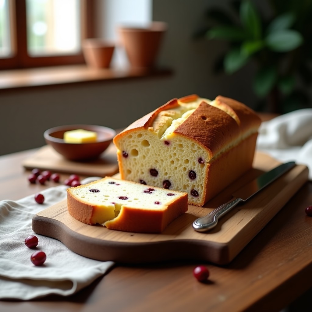 Pan de grosellas recién horneado en molde rectangular, con corteza dorada y migas esponjosas. Grosellas visibles en el interior. Servido en tabla de madera con rodajas cortadas.
