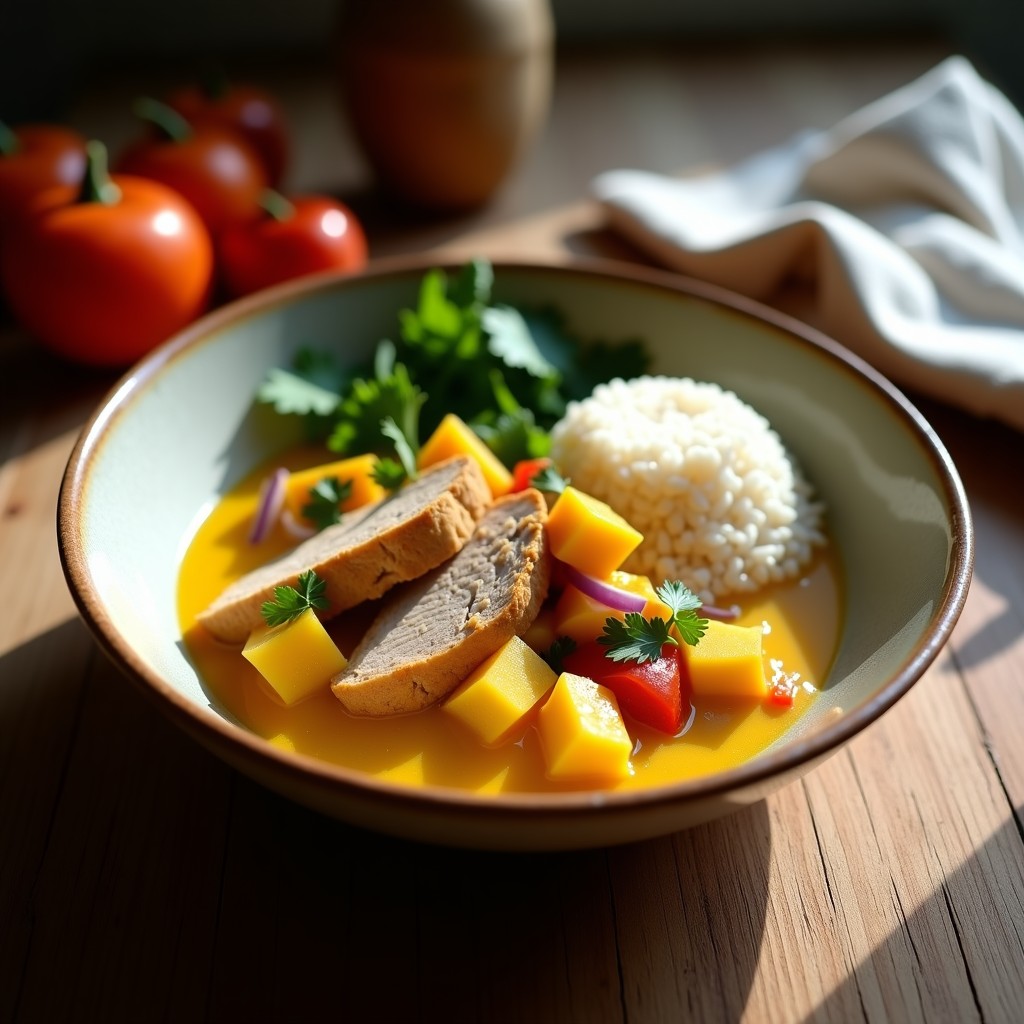 Plato hondo de cerámica con curry amarillo tailandés cremoso, trozos de pechuga de pavo jugosa, cubos de calabaza dorada y hojas de cilantro fresco, servido con arroz basmati blanco.