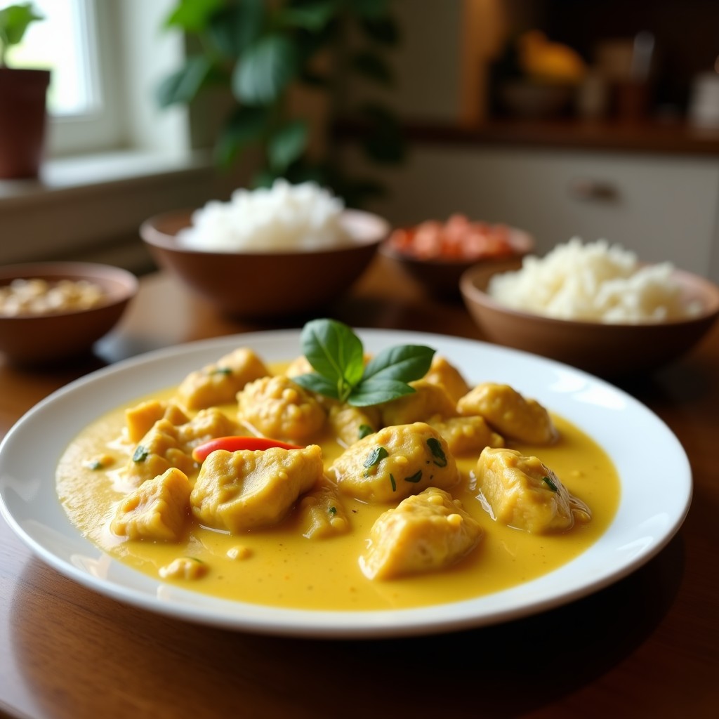 Foto de un curry amarillo cremoso de pollo y verduras tailandés en un plato, con leche de coco y hojas de albahaca tailandesa, lista para servir