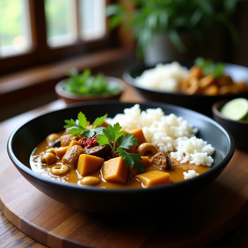 Plato hondo de cerámica negra con curry de berenjena ahumada y anacardos en Thermomix, salsa cremosa de color dorado, decorado con cilantro fresco y láminas de coco tostado, acompañado de arroz basmati blanco.