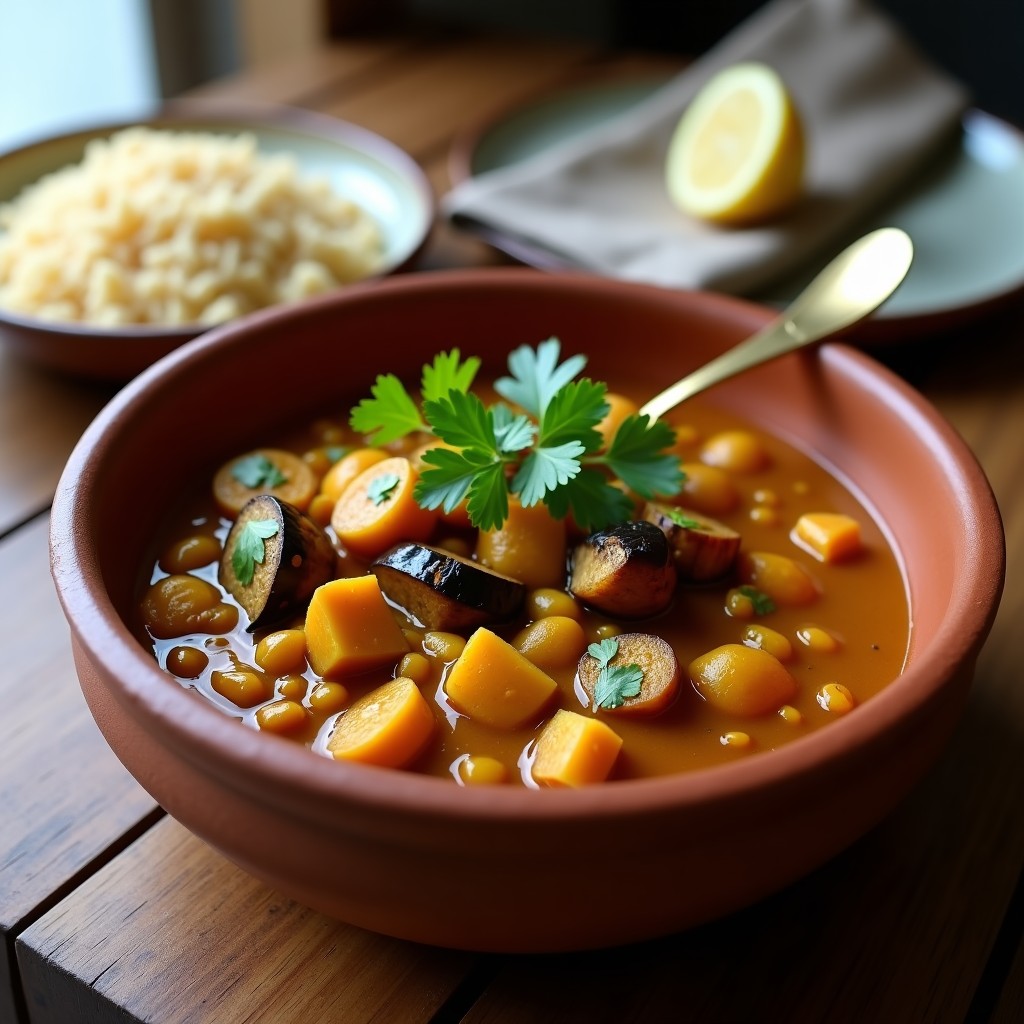 Curry de Berenjena Asada y Lentejas Rojas: Receta Vegana en Olla Lenta con Toque Indio