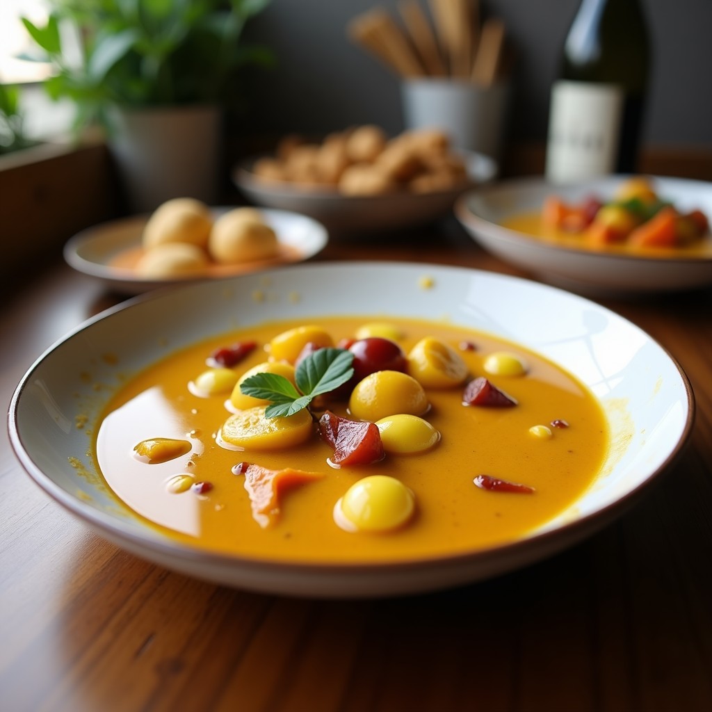 Curry de berenjena y leche de anacardos tailandés en cuenco de cerámica oscuro, con trozos de berenjena morada asada, salsa cremosa de curry verde y decoración de hojas de cilantro y albahaca fresca. Plato humeante sobre fondo de madera rústica.