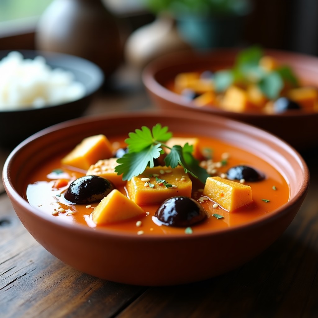 Plato hondo de barro con curry de berenjena y tofu en olla lenta, bañado en salsa de curry rojo y leche de coco, decorado con cilantro fresco y semillas de sésamo tostadas.