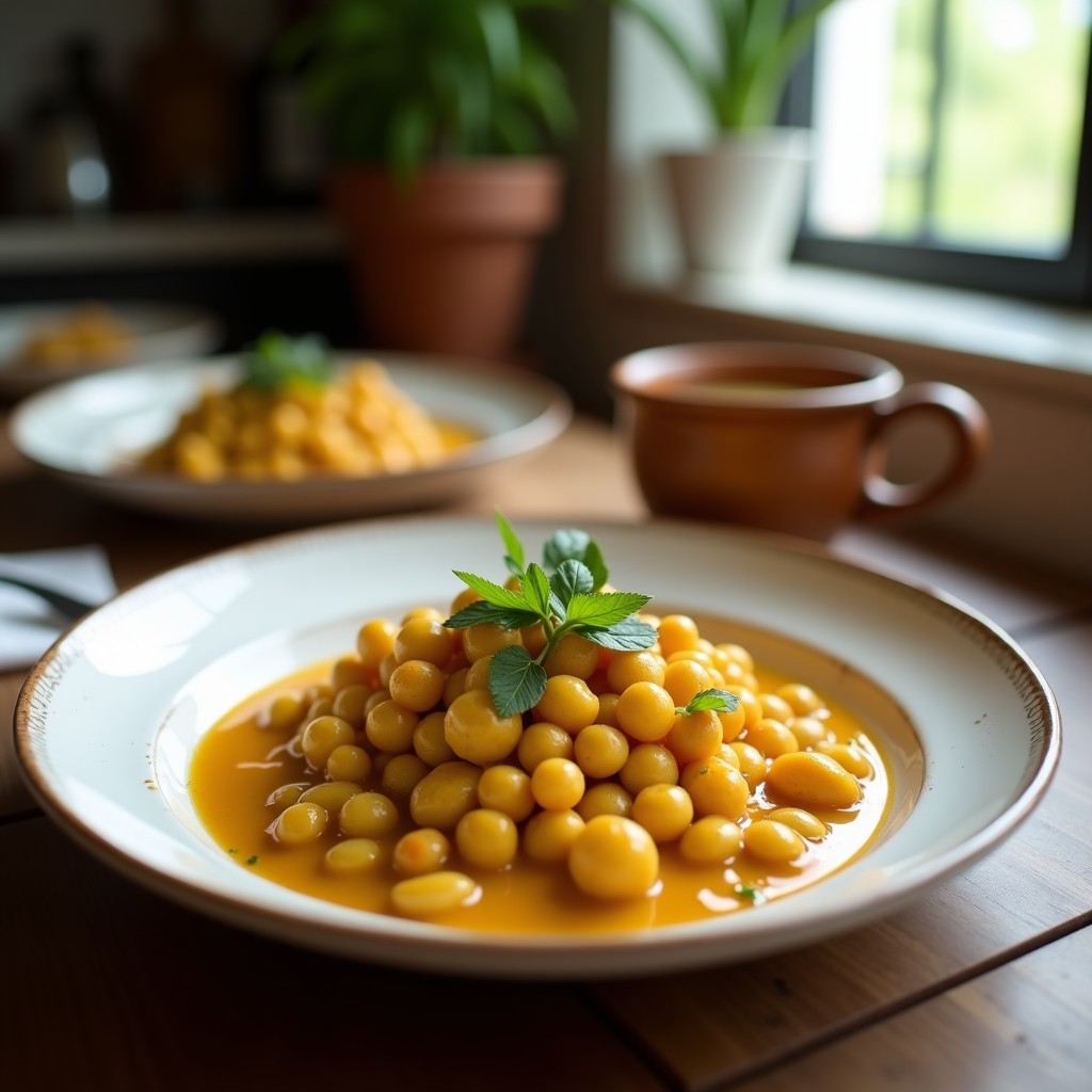 Foto de un curry cremoso de boniato y garbanzos vegano en una olla, con espinacas y cilantro fresco. Curry de boniato y garbanzos vegano