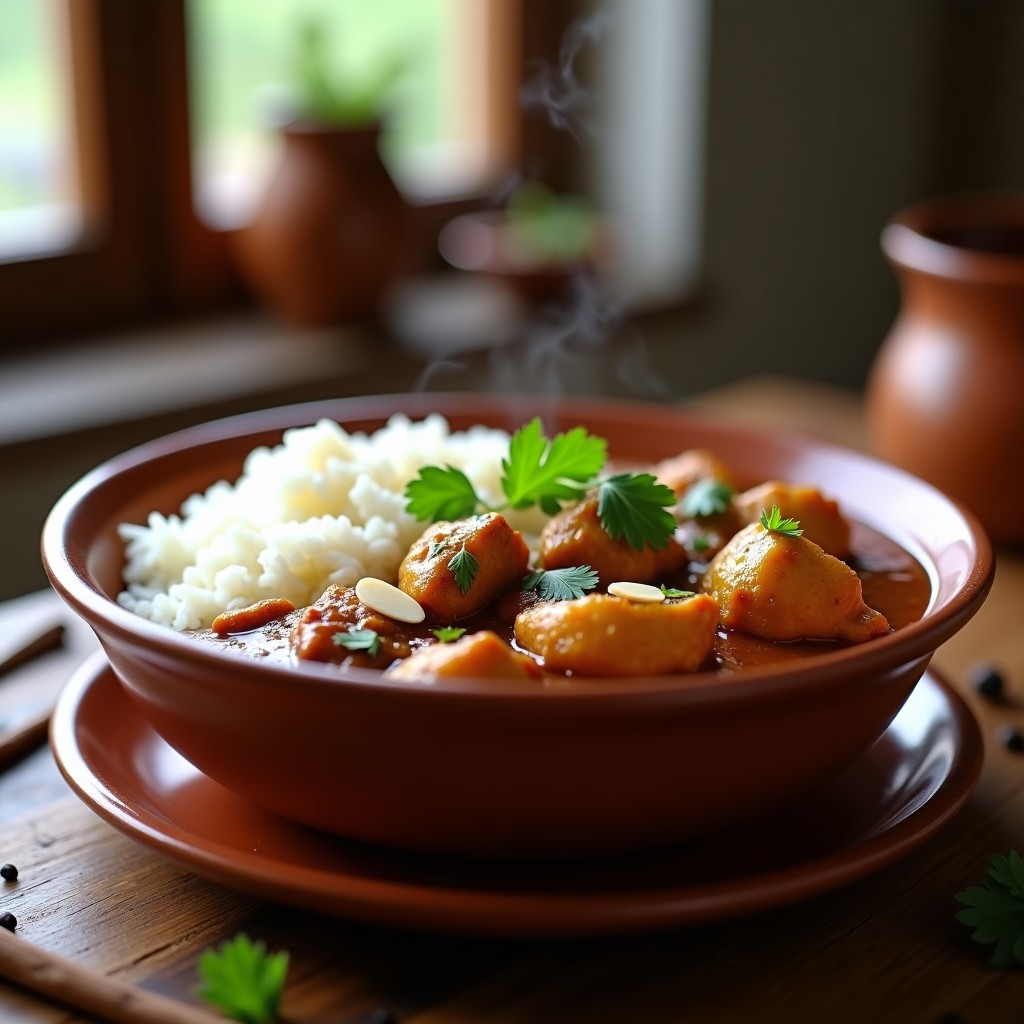 Plato hondo de barro con curry de café indio express, trozos de pollo dorado en salsa oscura y cremosa, espolvoreado con cilantro fresco y almendras fileteadas, acompañado de arroz basmati.