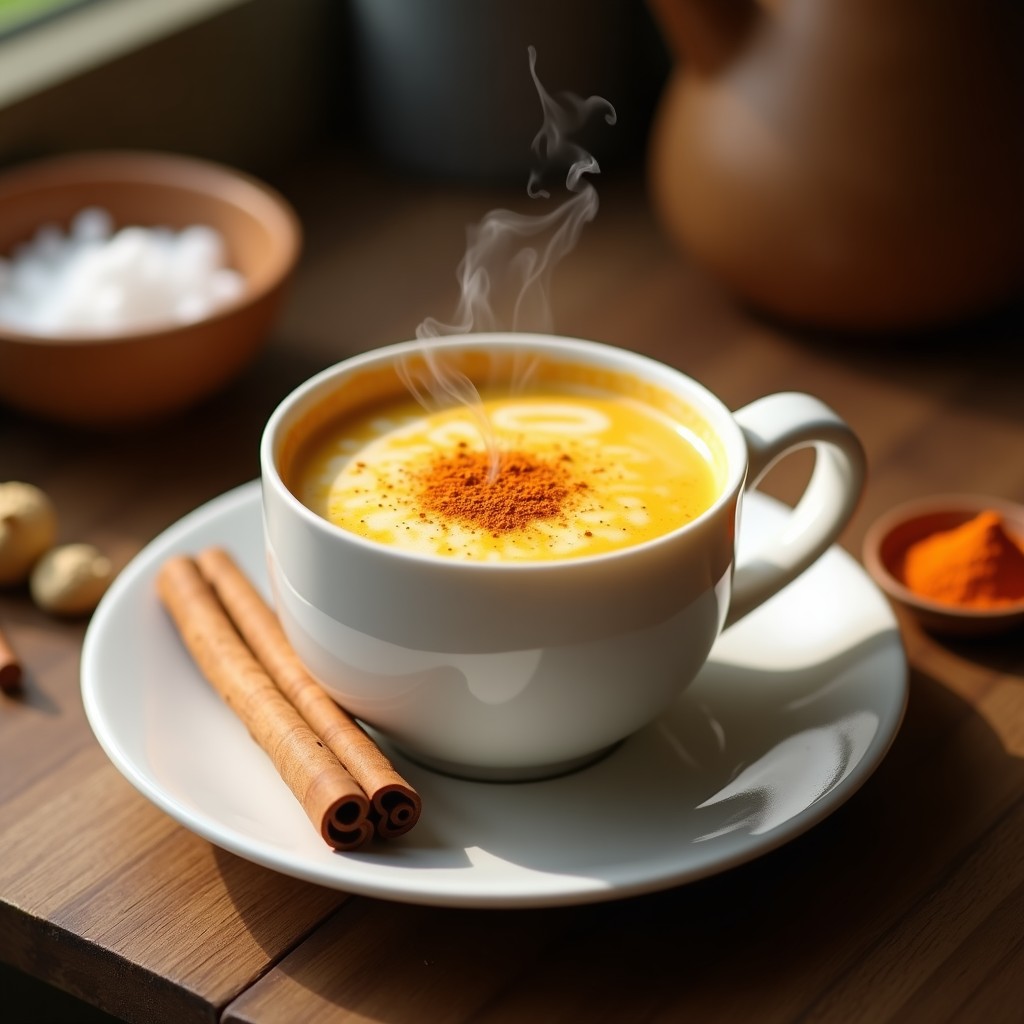 Tazón de cerámica blanca con curry de café con leche vegano, espolvoreado con cúrcuma y nuez moscada, acompañado de una rama de canela y semillas de cardamomo dispersas.