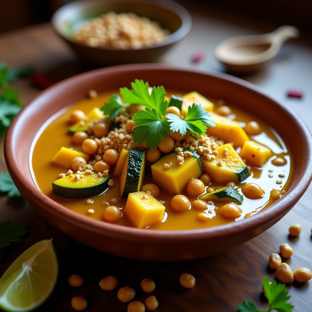 Plato hondo de barro con curry africano vegano de calabacín en salsa dorada, garbanzos y cacahuetes tostados crujientes espolvoreados por encima. Acompañado de cilantro fresco y rodajas de limón, con fondo de especias y texturas vibrante.