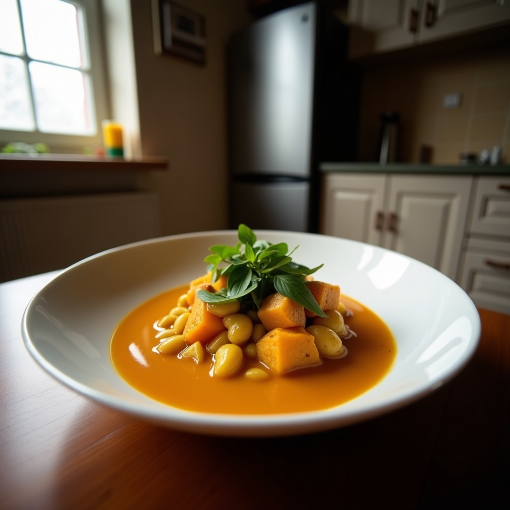 Curry tailandés cremoso de calabaza kabocha y lentejas corail en cuenco de cerámica, con trozos de calabaza dorada, espolvoreado de cilantro fresco y semillas de sésamo, acompañado de hojas de hierba limón y rodajas de lima. Receta antiinflamatoria y vegana en Thermomix.