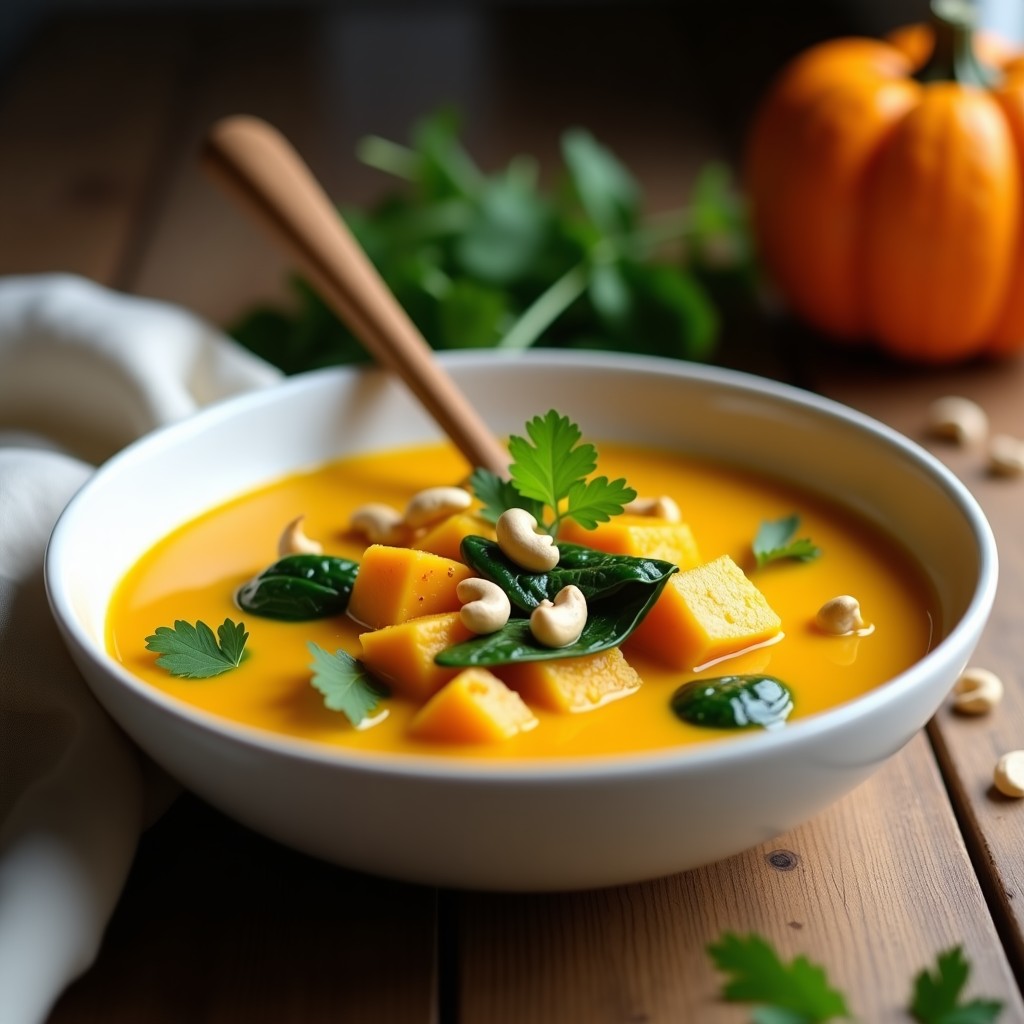 Curry cremoso de calabaza butternut y leche de cúrcuma en un bol hondo de cerámica blanca, con espinacas frescas y anacardos tostados espolvoreados. Plato vegano en olla lenta, servido con una cuchara de madera y hojas de cilantro como decoración.