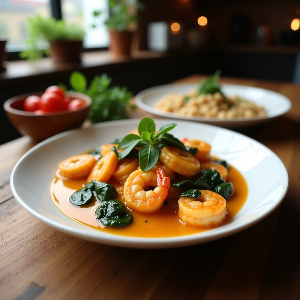 Plato hondo de cerámica oscura con curry tailandés de camarón y coco con espinacas, rodeado de arroz jazmín blanco, hojas de cilantro fresco y rodajas de limón. Los camarones rosados y jugosos flotan en una salsa cremosa de color naranja intenso, con espinacas verdes vibrante. Fotografía con luz natural y fondo borroso para resaltar los colores y texturas.