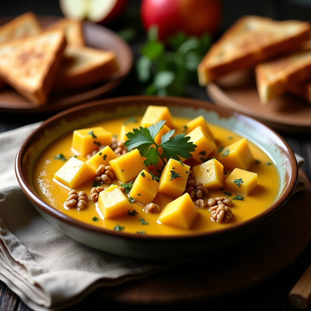 Cuenco hondo de cerámica blanca con curry cremoso de camembert y manzana, trozos de queso fundido visibles, acompañado de pan de especias tostado en forma de triángulos y nueces picadas por encima. Plato rústico con fondo de madera oscura y servilleta de lino.