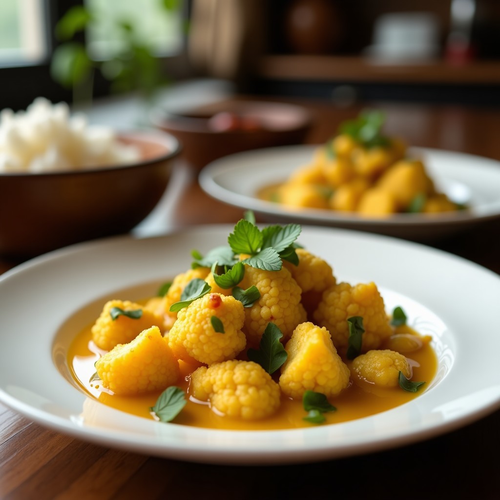 Plato hondo de barro con filetes gruesos de coliflor dorados bañados en una salsa cremosa de coco y cúrcuma, decorado con anacardos tostados y cilantro fresco. Receta vegana de curry de cauliflower steak en olla express.