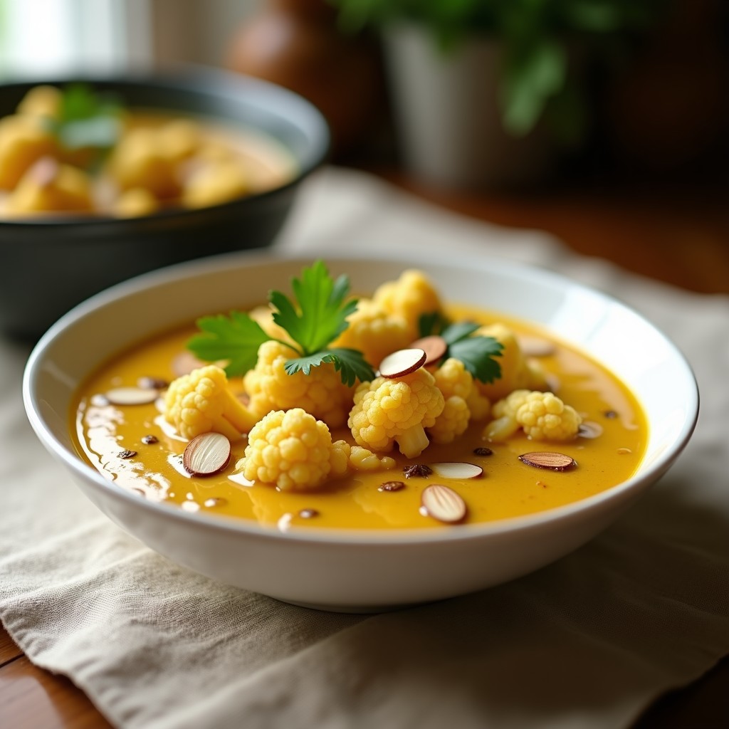 Plato hondo de barro con curry de coliflor y aceite de mostaza keto, decorado con hojas de cilantro fresco y un hilo de yogur griego, acompañado de una cuchara de madera sobre fondo rústico.