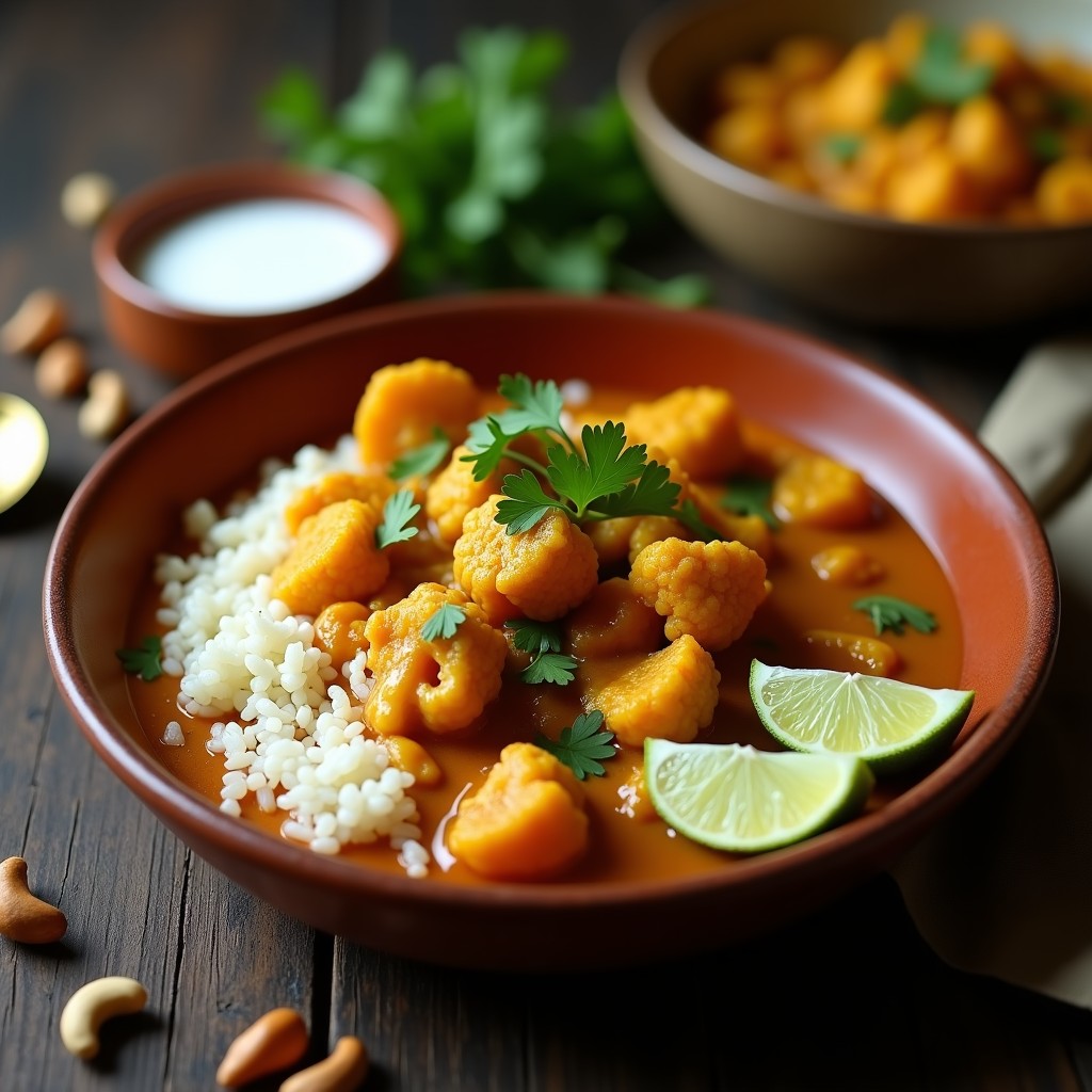 Curry de coliflor y anacardos con salsa de tamarindo en un cuenco de cerámica oscura, decorado con cilantro fresco y rodajas de lima. La coliflor dorada y los anacardos tostados sobresalen de una salsa cremosa color naranja intenso, con un fondo de especias y hojas de kaffir. Receta vegana en olla lenta.